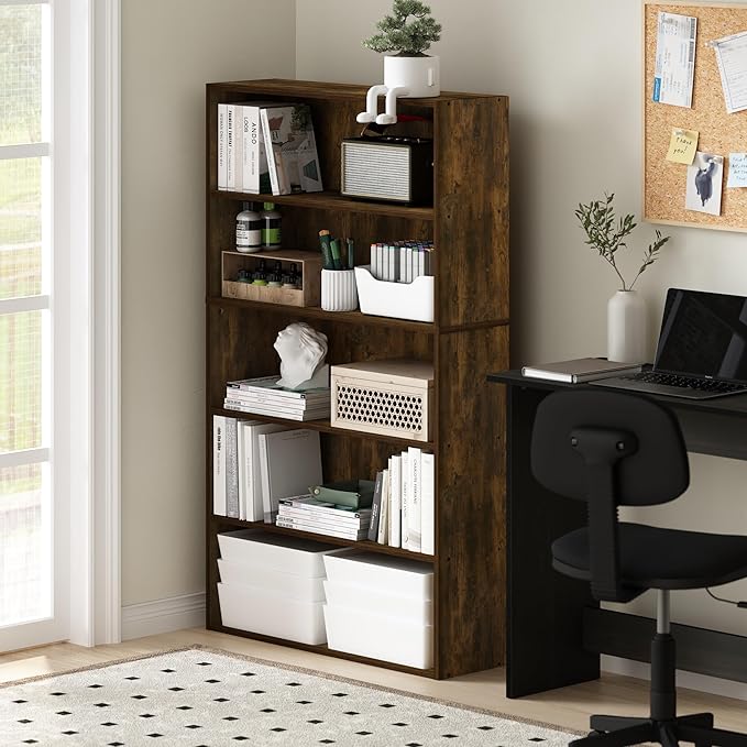 Furinno PASIR Book Shelf, 5-Tier Bookshelf, Bookcase with Open Shelf, 9.4 x 31.5 x 52.7, for Living Room, Bedroom, Home Office, Amber Pine