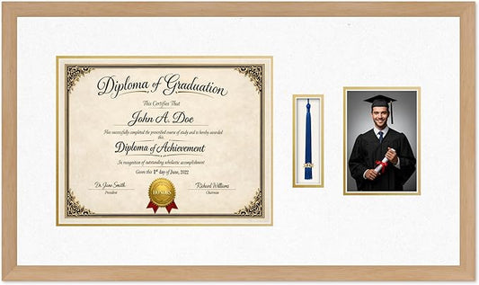 Diploma Tassel and Photo Frame Natural Wood Shadowbox Oyster Shell Over Gold Mat - Fits 14 x 11 Degree Picture Made in the USA