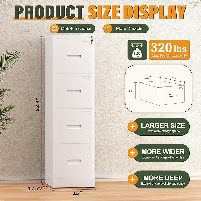 Greenvelly 4 Drawer File Cabinet with Lock, Metal Filing Cabinet for Home Office, Locking Vertical File Cabinet, 18" D File Cabinets for Home Office, Easy Assemble (White)