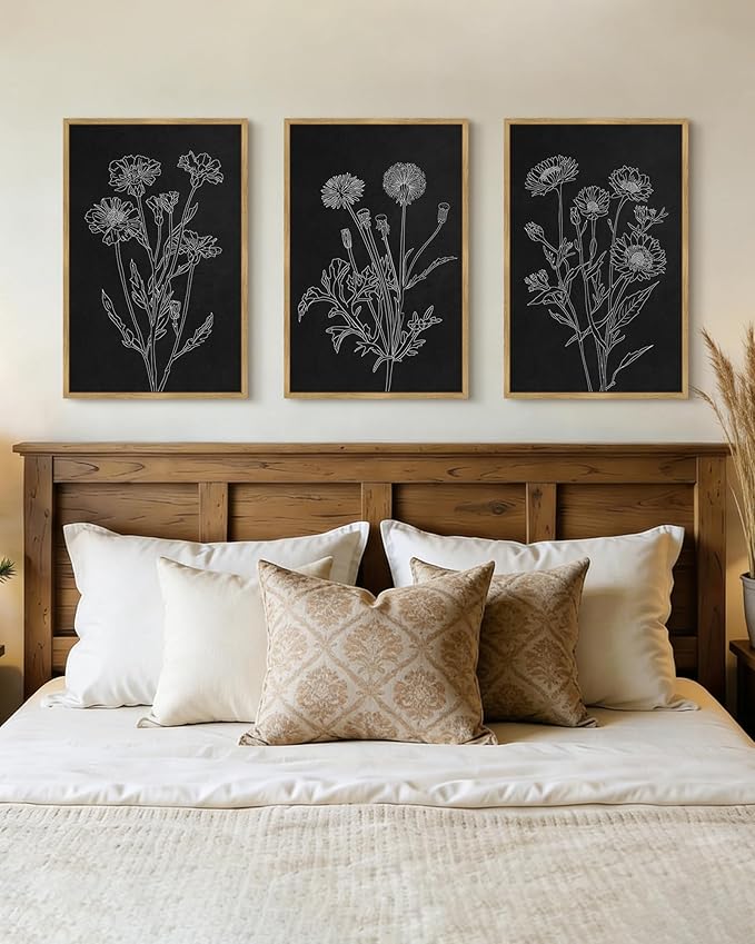 Drsoum Black White Flower Wall Art Vintage Minimalist Floral Wall Hanging Decor Bohemain Botanical Prints Artwork for Bedroom Living Room Hallway 16x24in Natural Framed