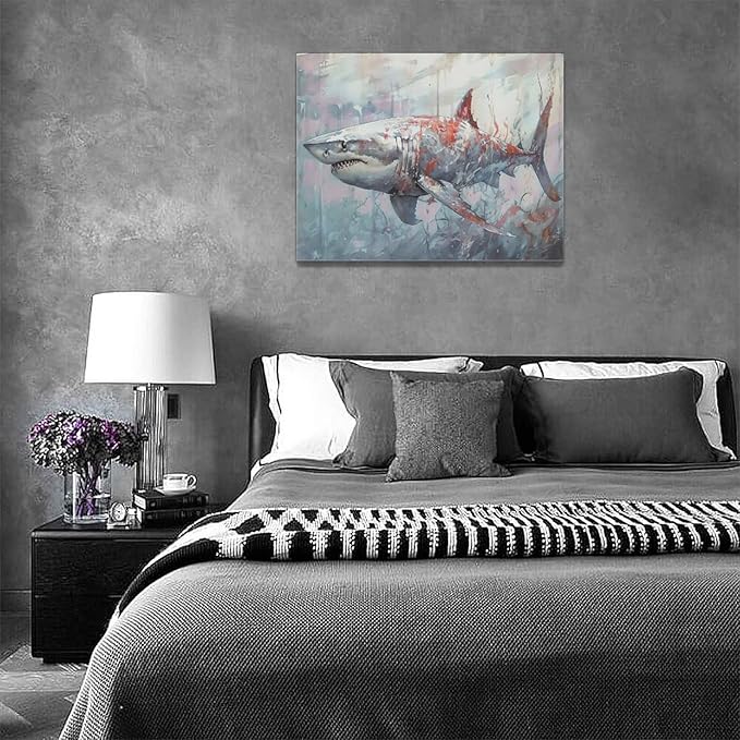 yerretin Ocean Shark Wall Art Nautical Shark Pictures Wall Decor Beach Coastal Undersea Canvas Painting Modern Artwork Home Decorations for Bathroom Bedroom Living Room Office Framed 16"x12"