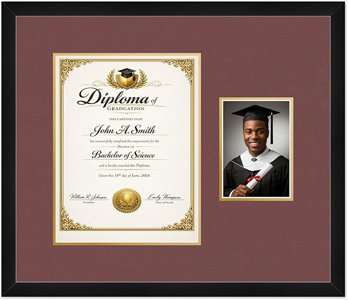 CountryArtHouse Fits 10 x 13 College Diploma (Portrait Traditional) and 5 x 7 P Diploma and Photo Frame Matte Black Genuine Hardwood with Dark Red Over Metallic Gold Double mat