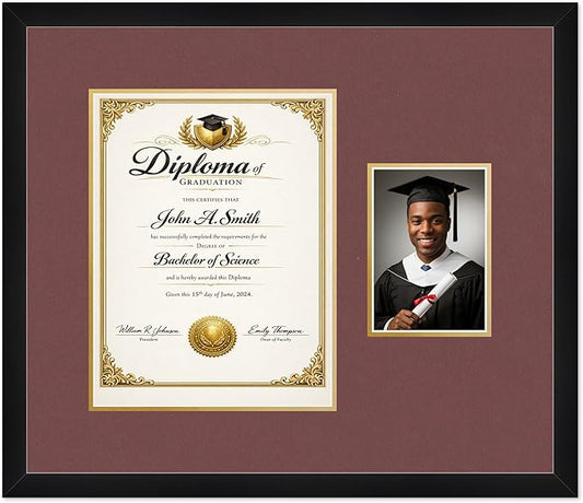 CountryArtHouse Fits 10 x 13 College Diploma (Portrait Traditional) and 5 x 7 P Diploma and Photo Frame Matte Black Genuine Hardwood with Dark Red Over Metallic Gold Double mat