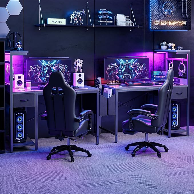 Grandder Gaming Desk 55 Inch with Power Outlet and LED Light, Computer Desk with Reversible Shelves and Storage Drawer, Pc Small Desk for Home Office Table with Bag, Carbon Fiber Grey