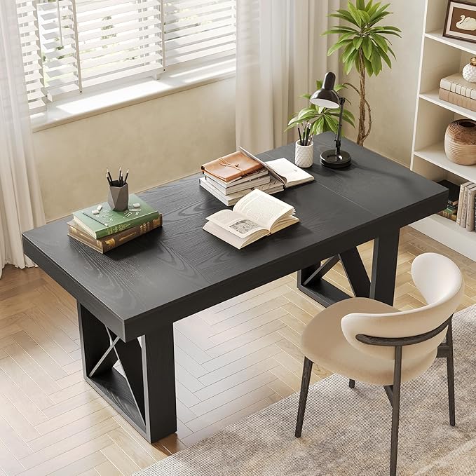 LITTLE TREE 63-Inch Long Computer Desk, Simple Wood Thick Appearance Design, Study Writing Gaming Work Executive Desk for Home Office, Black