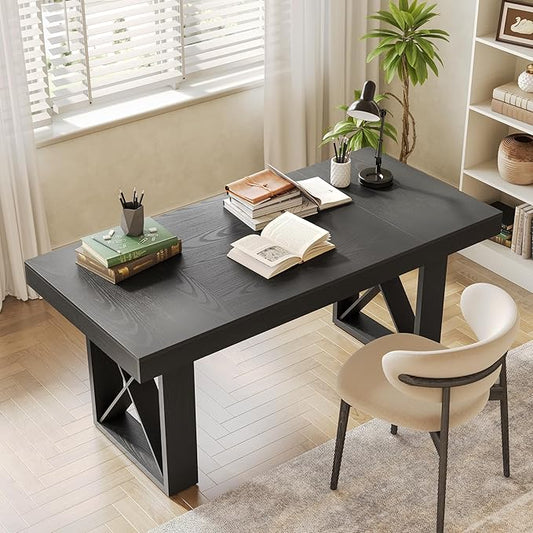 LITTLE TREE 63-Inch Long Computer Desk, Simple Wood Thick Appearance Design, Study Writing Gaming Work Executive Desk for Home Office, Black