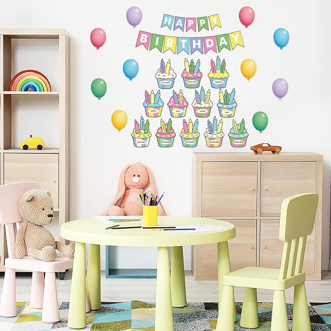JarThenaAMCS 85Pcs Happy Birthday Bulletin Board Set Colorful Cake Balloon Candles Calendar Poster Classroom Birthday Chart for Back to School Decorations