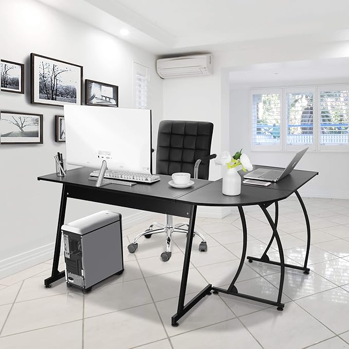 Super Deal L-Shaped Corner Desk Computer Gaming Desk - 58 Inch Modern Home PC Table Office Writing Workstation, Black
