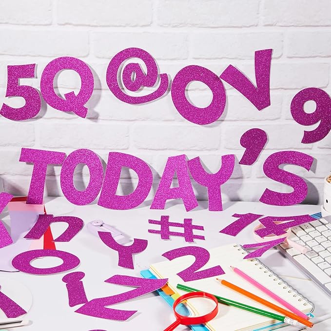 Colarr 216 Pcs Glitter Bulletin Board Letters for Classroom Number Alphabet Punctuation Symbol Cutout 4'' Die-Cut Poster Letter with Adhesive Dot School Party Holiday Decor Display(Purple)