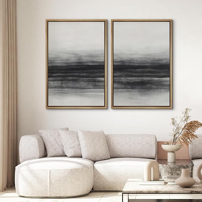 SIGNWIN Framed Canvas Print Wall Art Set Black and Gray Abstract Horizon Modern Minimalist Neutral Illustrations Modern Art Decorative Multicolor for Living Room, Bedroom, Office - 24"x36"x2 Natural
