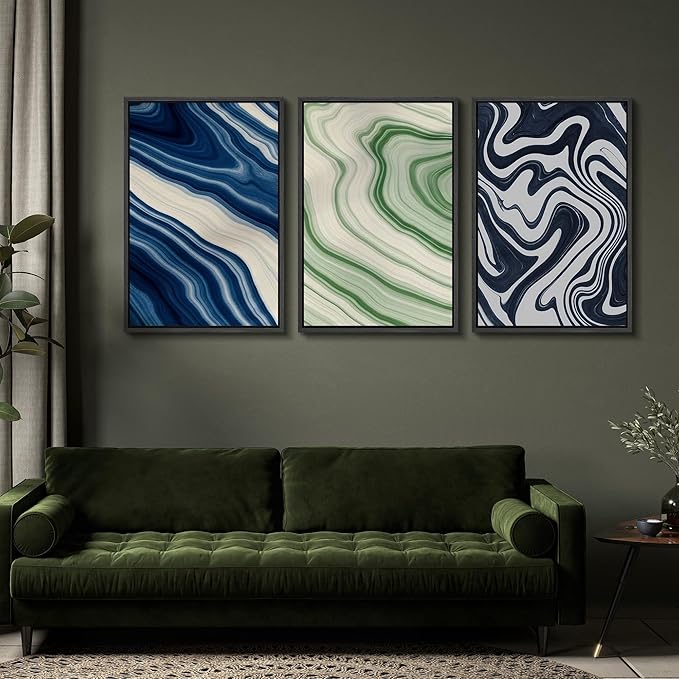 SIGNFORD Framed Wall Art Print Set Blue and Green Marble Swirl Abstract Bold Digital Art Modern Art Contemporary for Living Room, Bedroom, Office - 16"x24"x3 BLACK