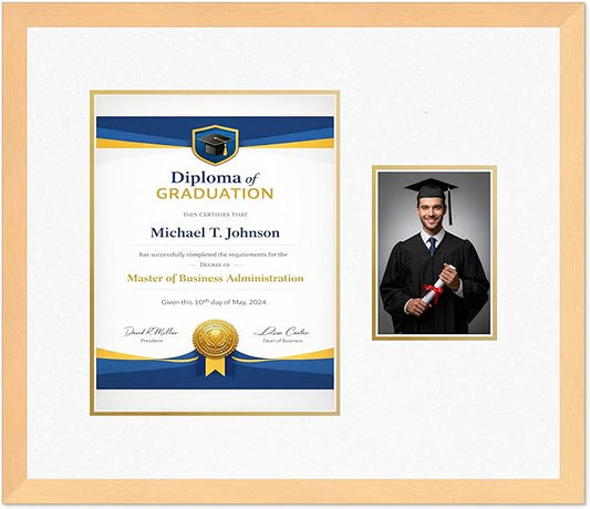 Diploma Frame With Photo Opening Natural Wood Oyster Shell Over Gold Mat - Fits 10 x 13 Degree and Picture Made in the USA