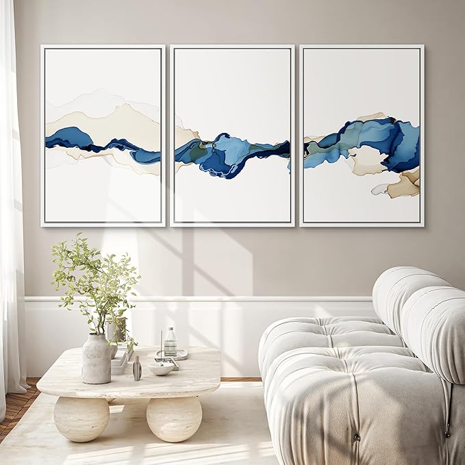 SIGNWIN 3 Piece Framed Canvas Wall Art Blue and Brown Watercolor Nature Wilderness Illustrations Abstract Traditional Relax/Calm Home Artwork Decoration for Living Room,Bedroom - 16"x24"x3 White