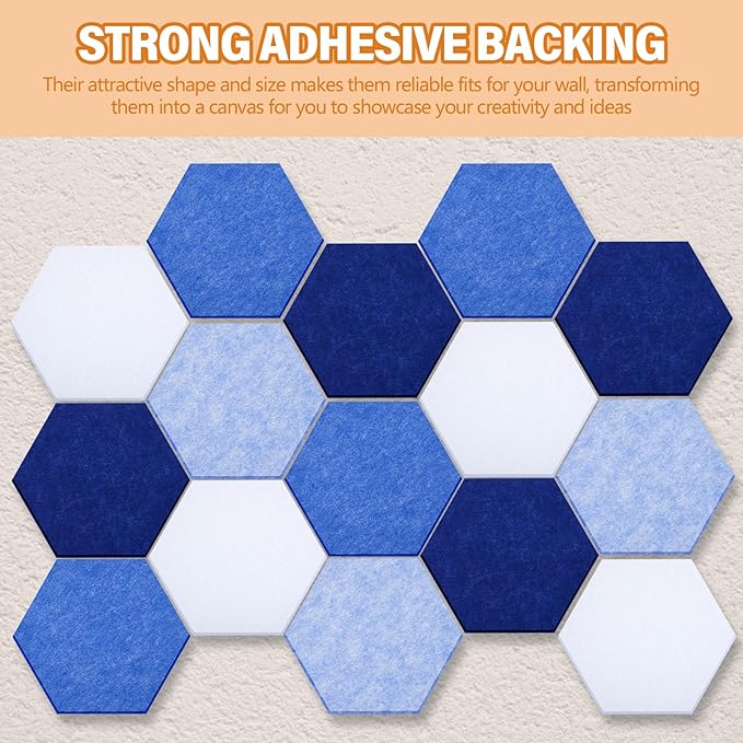 16 Pcs Hexagon Cork Board for Walls with 50 Wooden Push Pins 6.7 x 5.9 in Felt DIY Tiles Notice with Nano Tape Hanging Bulletin Board for Home Photo Office Memo Note (Blue)