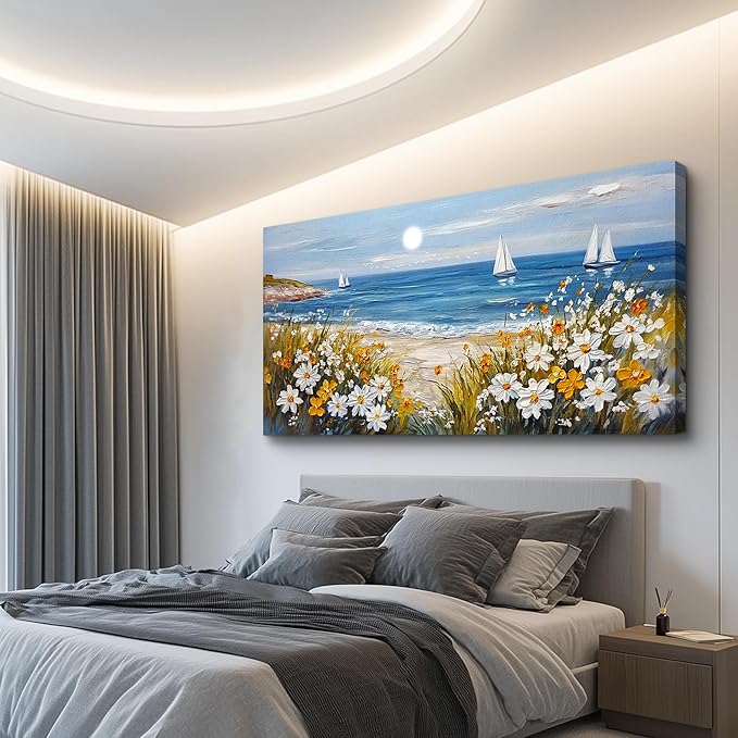 KELIYUAN Vintage Landscape Painting Home Decor Canvas Blue Ocean Beach Picture Print Wall Art For Living Room Farmhouse Dinin Mural White Flowers Bedroom Office Wall Decor Easy To Hang 20x40 Inches