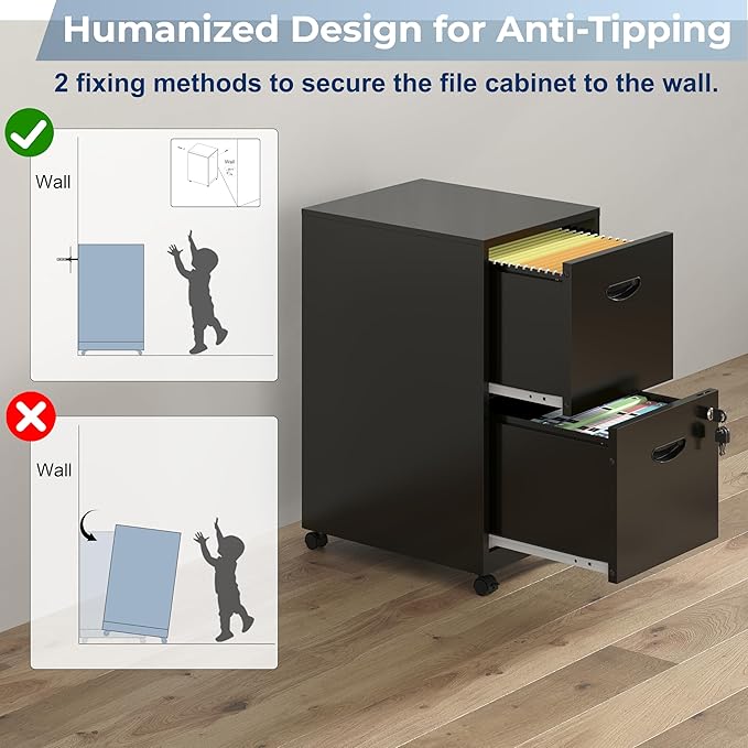 2 Drawer File Cabinet with Lock, Filing Cabinets with Wheels, Rolling File Cabinets for Home Office, Metal Office File Cabinet, for Holding Letters and File Boxes, Assembly Required, Black