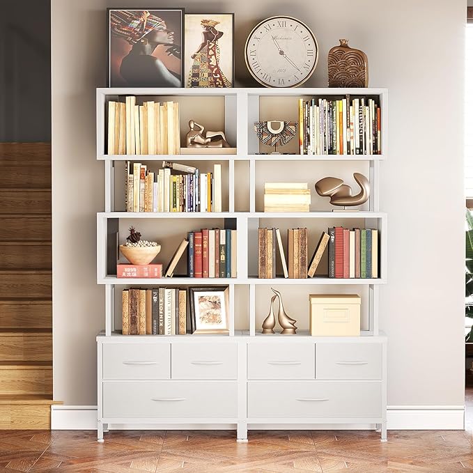 Casaottima 7 Tier Bookshelf, Tall Geometric Bookcase with Fabric Drawers, Modern Display Book Shelves Book Case for Living Room Bedroom, Wood Decorative Standing Shelving Unit for Home Office, White