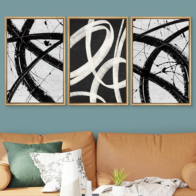 SIGNWIN Framed Canvas Print Wall Art Set Geometric Duotone Ring Landscape Graffiti & Street Art Abstract Illustrations Modern Art Nordic for Living Room, Bedroom, Office - 16"x24"x3 Natural