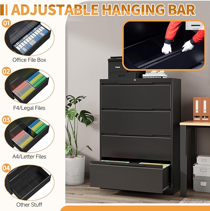 4-Drawer Metal File Cabinet with Lock,Steel Printer Stand with Storage for Home Office,Lateral Filing Cabinet for Legal/Letter/A4 Files,Assembly Required(35.43''W-4 Drawers,Black)