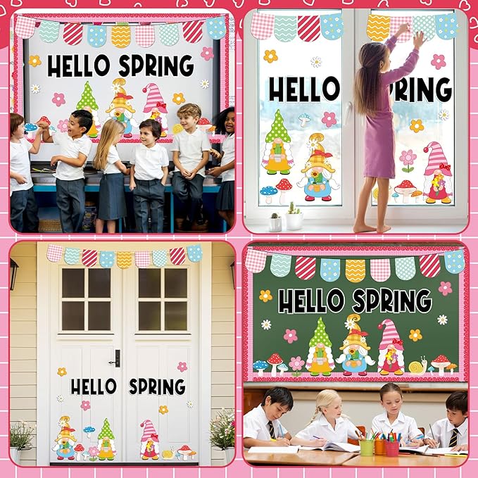 Hello Spring Bulletin Board Set Spring Gnome Classroom Decoration Springtime Gnome Flowers Paper Cutouts for Back to School Home Nursery Chalkboard Wall Decor Springs Theme Party Supplies