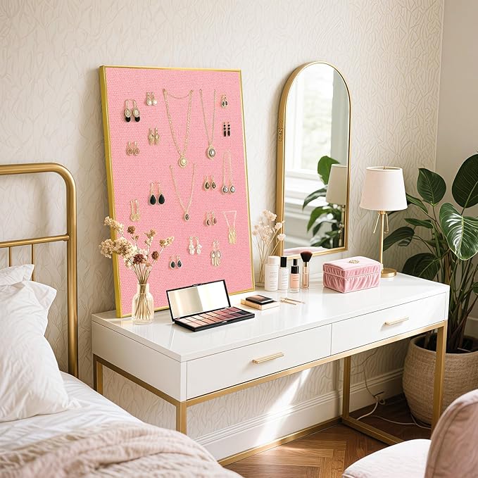Linen Bulletin Board 36 x 24 Inches, Fabric Cork Board for Wall with Gold Aluminum Frame, Hanging Pin Board Tack Board for Home Office Room Decor, 10 Push Pins, Pink Linen