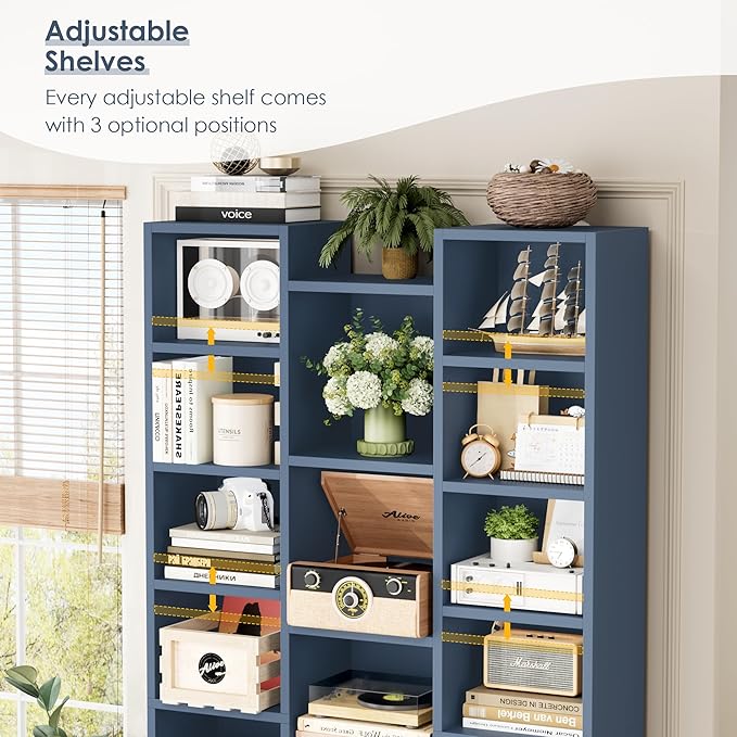FOTOSOK 71'' Tall Bookshelf with 21 Cubes, 8 Tier Triple Wide Bookshelf with 8 Adjustable Shelves, 35" Large Bookcase DVD/CD Media Tower Storage, Freestanding Display Shelf Cabinet, Blue