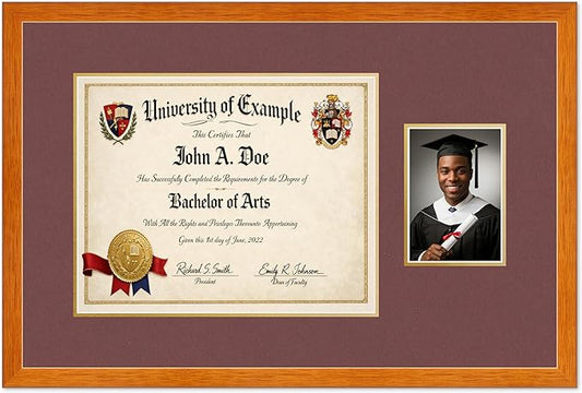CountryArtHouse Fits 15 x 12 Military/Government and 5 x 7 Photo Diploma and Photo Frame Honey Oak Genuine Hardwood with Dark Red Over Metallic Gold Double mat