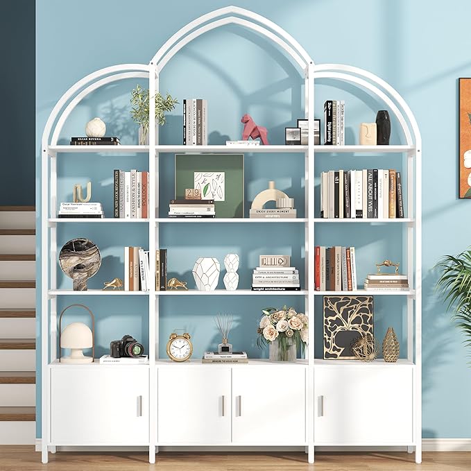 Semoic Arched Bookshelf and Bookcase with 3 Cabinets, Triple Wide 5 Tier Standing Book Shelf, Storage Display Rack Shelves, Industrial Open Bookshelf, Etagere Bookcase, White