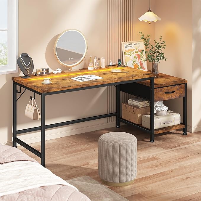 56 Inch Computer Desk,Reversible Office Desk with LED Lights & Power Outlets,Writing Desk with Wide Tabletop for Study,Writing,Desk with Drawers & Printer Shelf for Storage,Craft,Rustic Brown