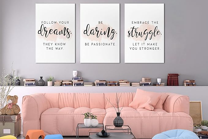 SHMAO Office Canvas Wall Art Motivational Wall Decor, 3 Piece Dreams Daring Struggle Print Pictures for Office Wall Decor Women Inspirational Framed Artwork Home Office Decor 20”x30”x3 Panels