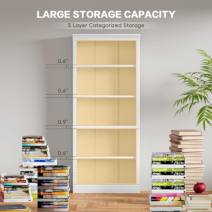 Shahoo 72" Bookcase and Bookshelf, 5-Tier Wood Bookcases with Shelves, Tall Floor Standing Book Shelf Storage Cabinet Home Decor Furniture for Living Room, Home Office 1 Pcs, White