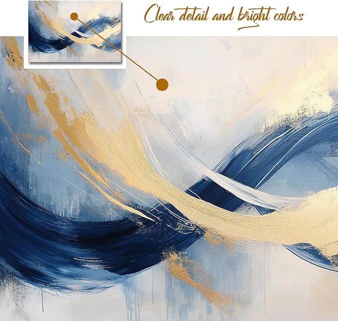 gaosoul Blue Gold Abstract Canvas Art Modern Oil Painting Giclee Print Bold Navy Azure Swirls with Metallic Gold Highlights for Living Room Home Office Decor Framed 30x20in