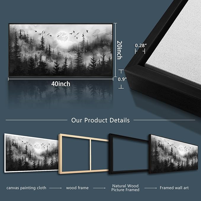 hyidecorart Black Frames Landscape Wall Art Canvas Prints Natural Scenery Pictures Home Decor Forest Tree Painting for Living Room Bedroom Bathroom Kitchen Office Decoration Artwork Hanging Easy