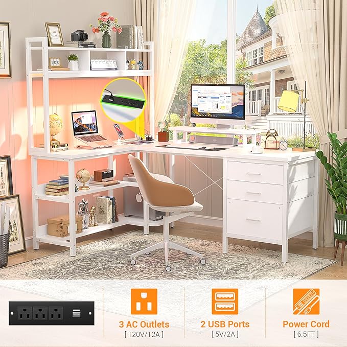Aheaplus L Shaped Gaming Desk with Hutch, Gaming Desk with Led Lights, Reversible Computer Desk with Power Outlet, Corner Desk with File Drawer & Monitor Stand, Storage Shelves for Home Office, White