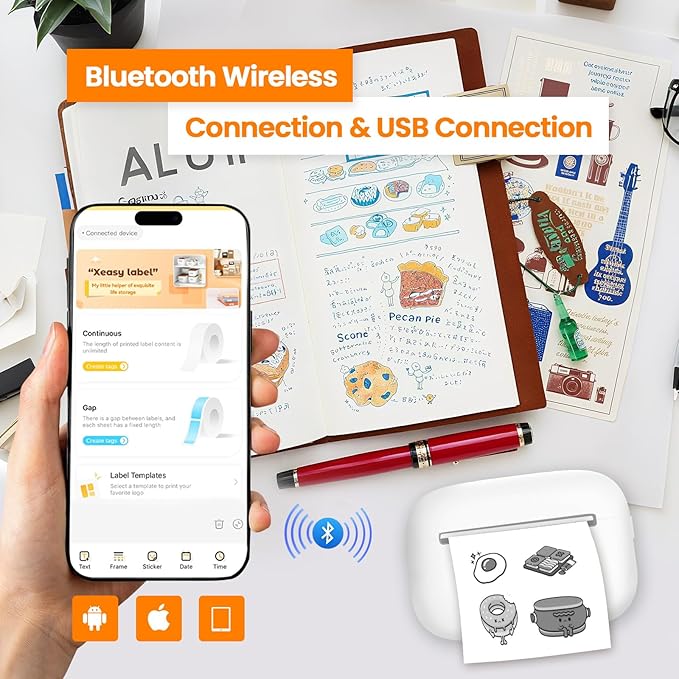 Label Maker Machine with Tape: Bluetooth Sticker Printer Supports Printing Multiple Labels, Versatile App with Fonts and Icons for Home, Kitchen, School, Office Organization, White