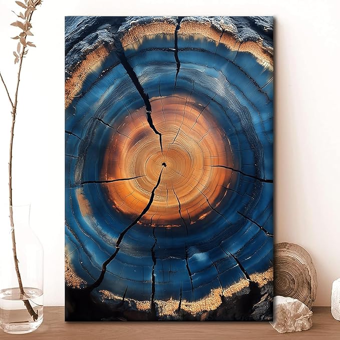 IBHJSART Framed Tree Ring Canvas Wall Art Blue Wall Art Wood Stump Painting Prints Modern Minimalist Pictures Neutral Nature Rustic Farmhouse Decor Living Room Bedroom Bathroom Office