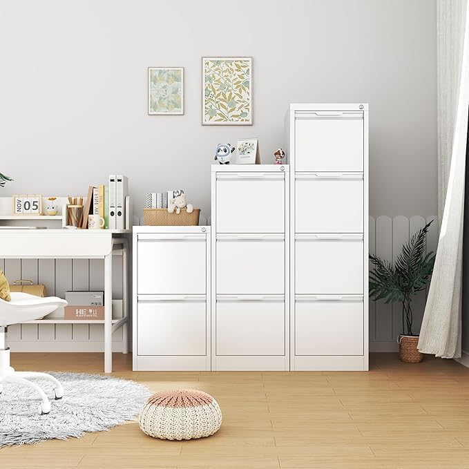 2 Drawer File Cabinet with Lock,Filing Cabinets for Home Office,Metal Small File Cabinet for Letters/Legal/A4 Size, Assembly Required,White