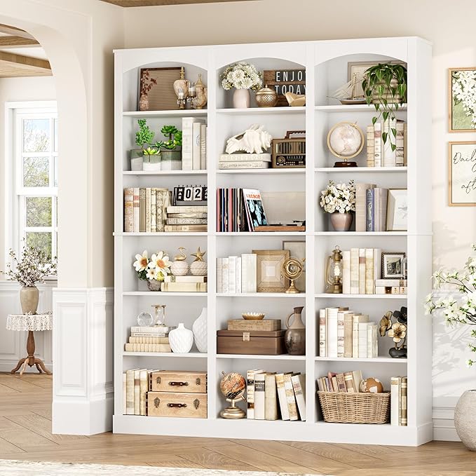FACBOTALL 71" Triple Wide Bookshelf, 6 Tier Bookcase, Large White Bookshelf with Curved Baffle, 63.4" Wide White Bookcase with 18 Open Display Shelves for Living Room, Study, White