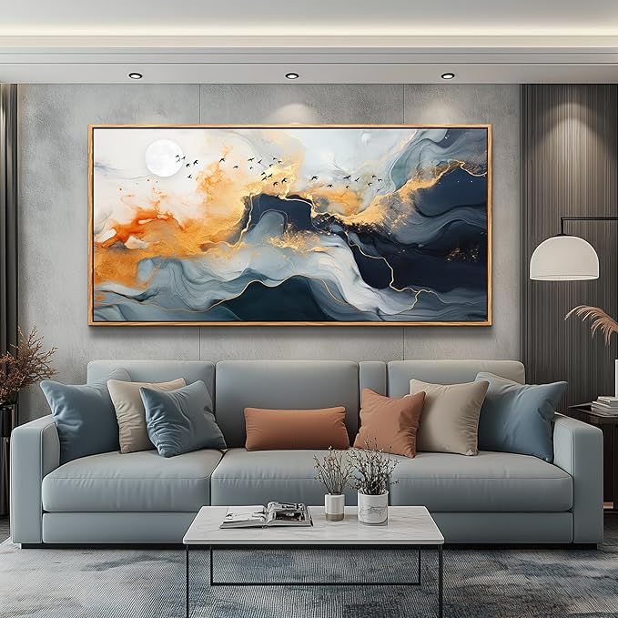 MHARTK66 Abstract Wall Art Large Canvas Picture Ready to Hang Marble Fluid Art with Gold Foil Moon & Bird Design Wood Frame Home Decor for Living Room Bedroom Office Wall Decorative Artwork