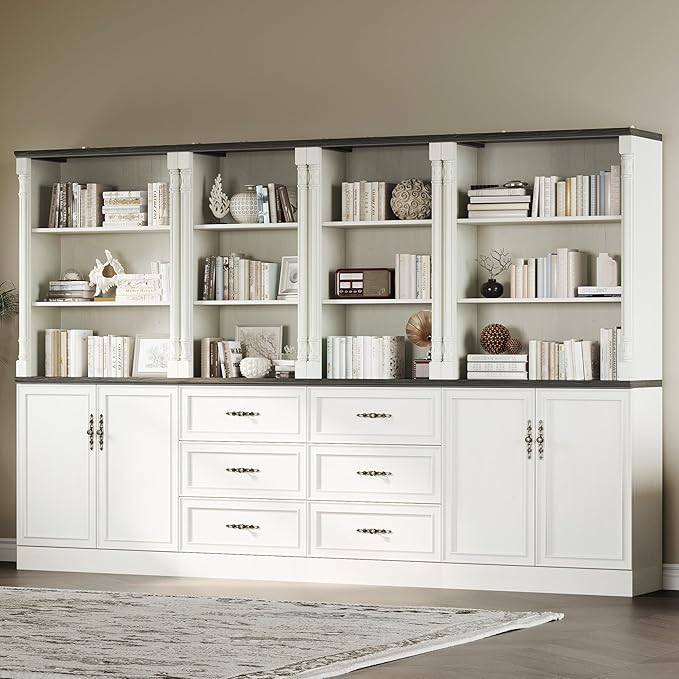71'' Tall Bookshelf with Doors, Bookcase Storage Cabinets with 5-Tier & Adjustable Shelves, Wooden Deep Book Shelf Kitchen Pantry for Living Room, Office, Bathroom, Antique White