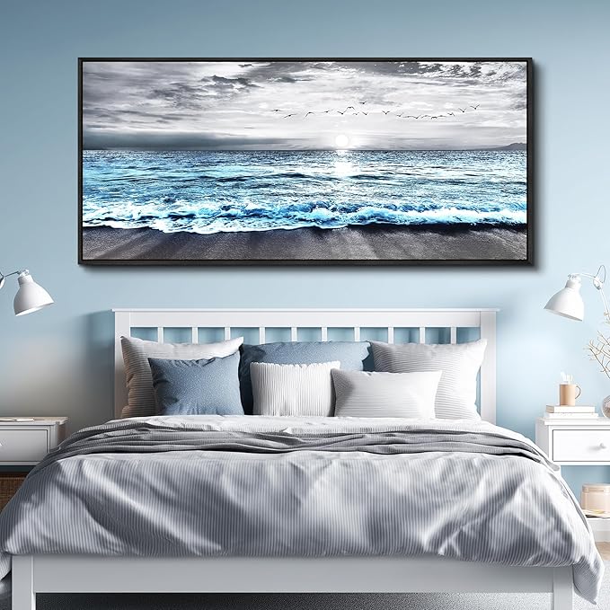 Wapluam Large Wall Art For Living Room Wall Decor For Office Black And White Painting Bedroom Wall Decorations Blue Sea Wave Pictures Artwork For Modern Black Framed Beach Canvas Prints Poster