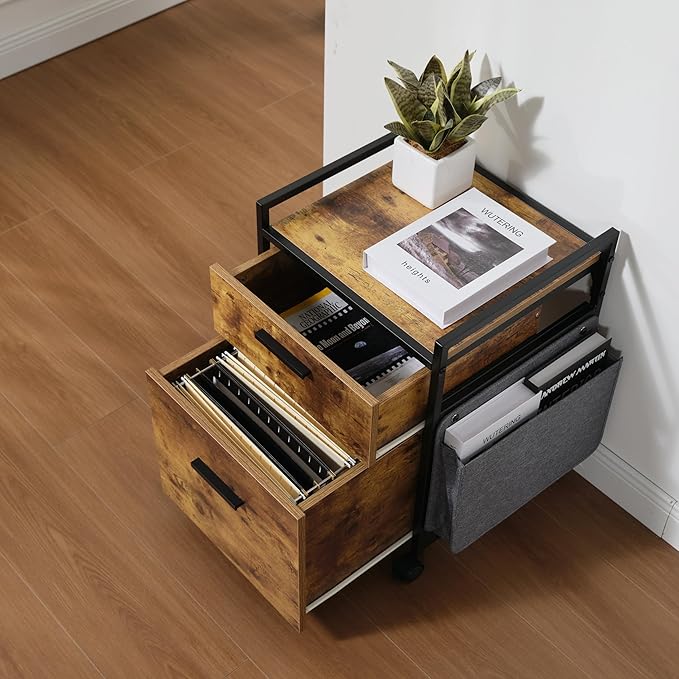 EUREKA ERGONOMIC 2-Drawer Mobile File Cabinet with Wheels, Solid Wood Rolling Storage Cabinet for Home Office, Space-Saving Under Desk Organization with Printer Stand, Rustic Brown