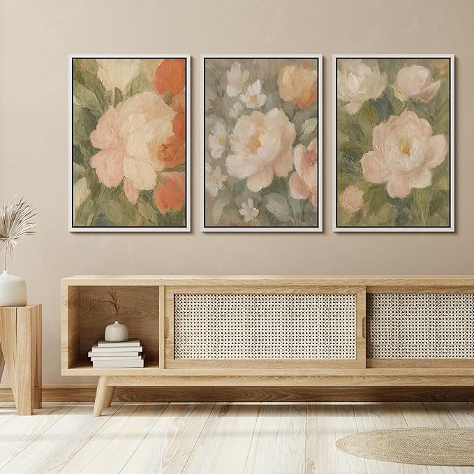 SIGNFORD Framed Wall Art Print Set Soft Pastel Peony Floral Romantic Botanical Digital Art Modern Art Contemporary for Living Room, Bedroom, Office - 16"x24"x3 WHITE
