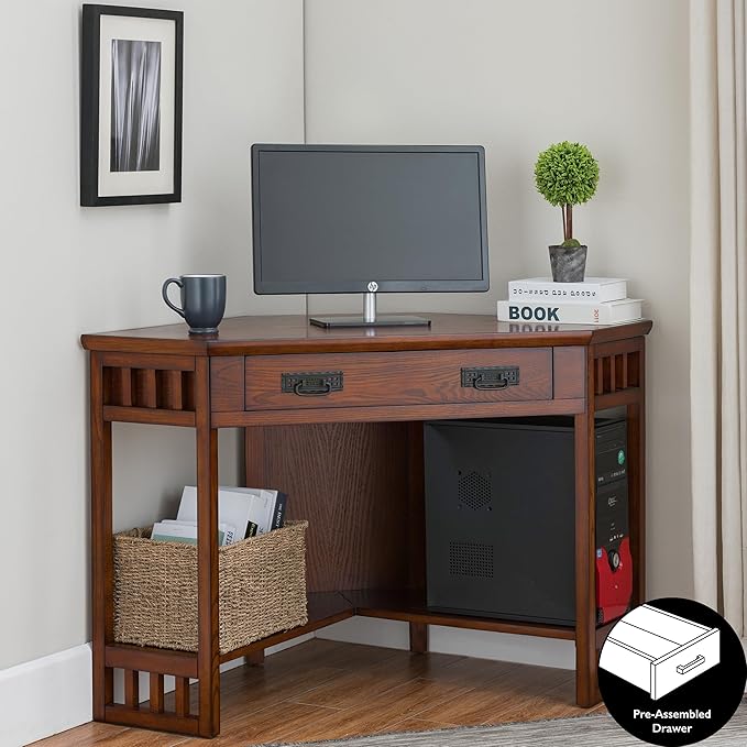 Leick Home 82430 Mission Corner Desk, Writing Computer Desk with Drop Front Keyboard Drawer, for Home Office, Solid Wood, Mission Oak