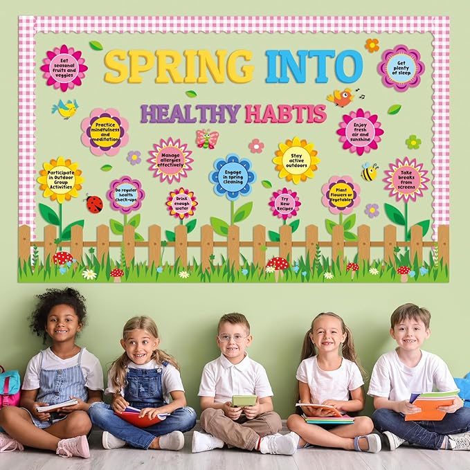 gisgfim Spring Healthy Bulletin Board Set Spring Theme Flowers Classroom Decorations Spring Into Healthy Habits Paper Cutouts for Classroom School Office Home Nursery Chalkboard Door Wall Decor