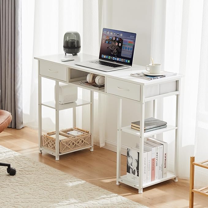 DUMOS 48" Small Computer Home Office Desk for Bedroom with Drawers, Gaming Writing Study Table with Storage Shelf, Adjustable Feet, Metal Frame White