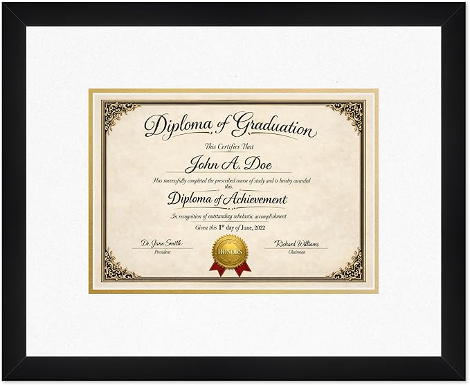 Diploma Frame Matte Black with Oyster Shell Over Gold Double Mat - Fits 11.69 x 8.27 A4 Certificate Wall Display Made in the USA