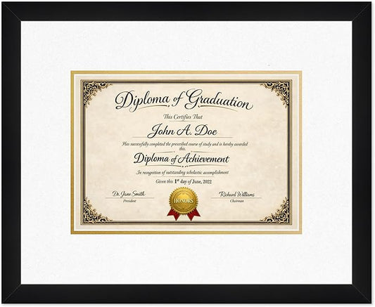 Diploma Frame Matte Black with Oyster Shell Over Gold Double Mat - Fits 11.69 x 8.27 A4 Certificate Wall Display Made in the USA