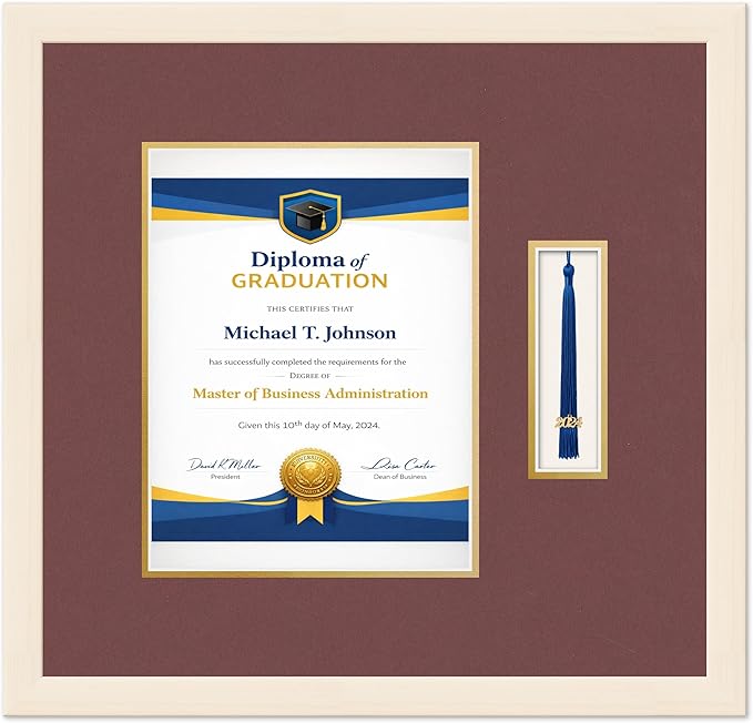 Diploma Frame with Tassel Holder Coastal Whitewash Shadowbox Dark Red Over Gold Mat - Fits 8.5 x 11 Degree Made in the USA