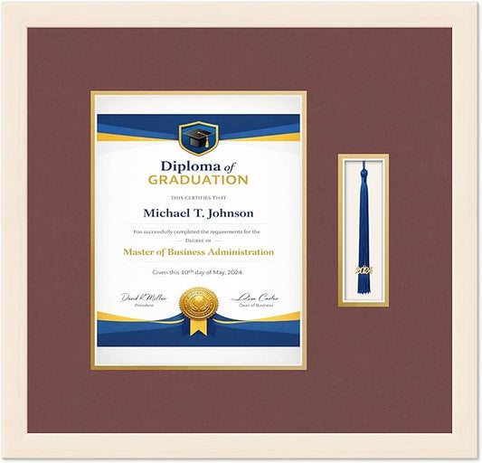 Diploma Frame with Tassel Holder Coastal Whitewash Shadowbox Dark Red Over Gold Mat - Fits 8.5 x 11 Degree Made in the USA